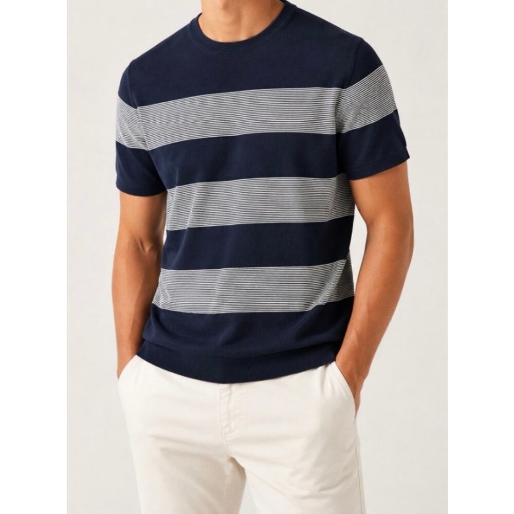 Massimo Dutti Men's Navy White Striped Cotton Sweater XL